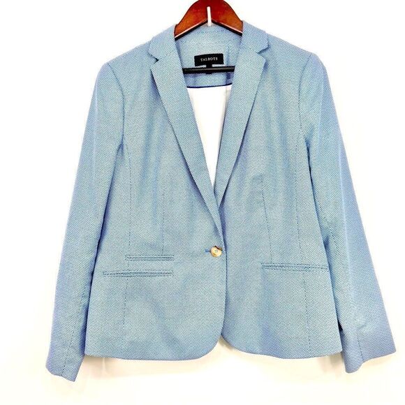 Talbots Blue White Micro Geometric Print 100% Cotton Button Nautical Blazer - Picture 3 of 16